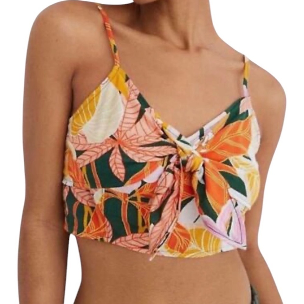Aerie Size L Tie Front Crop Top Tropical Floral Beach Vacation Smocked Colorful
